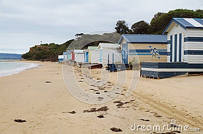 Colorful beach cabins in the Mornington Peninsula in Australia Stock Photo