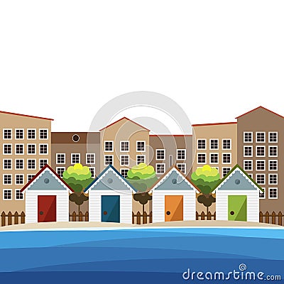 Colorful Beach Huts, City Background Vector Illustration