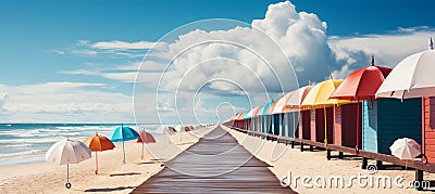 Colorful beach huts on a seaside boardwalk, ideal for summer apparel or beach accessories promotion Stock Photo