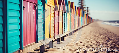 Colorful beach huts and sun umbrellas on a vibrant seaside boardwalk for summer promotion Stock Photo
