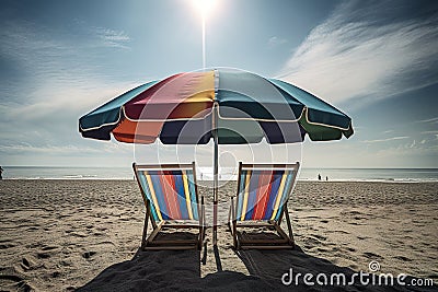 Colorful Beach Loungers And A Parasol On The Scenic Seaside Under Blue Cloudy Sky - Generative AI Stock Photo