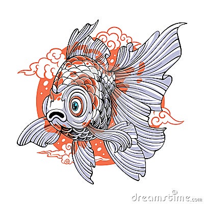 colorful Beautiful chef fish with long fins and tail on circle and clouds background for t shirt Vector Illustration