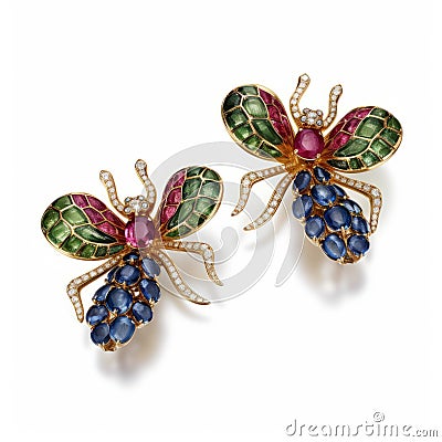 Colorful Bee Earrings With Emerald Rubies And Sapphires Stock Photo