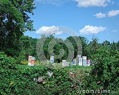 Colorful bee hive boxes in field Stock Photo