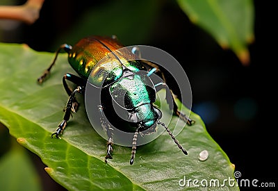 Colorful beetle eats green leaves closeup. Leptinotarsa . Adult Colorado beetle Stock Photo