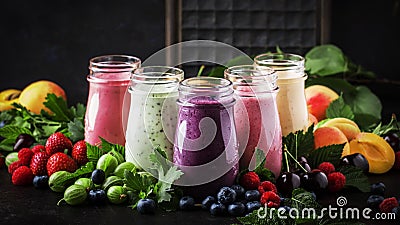 Colorful berry cokctalis, smoothies and milkshakes with fresh fruit and berries on brown table, copy space, selective focus Stock Photo