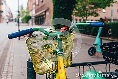 Colorful bicycle on Halmstad Street in Sweden Stock Photo