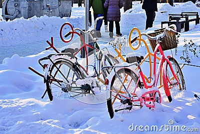 Colorful bicycle parking rack Stock Photo