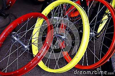 Colorful bicycle rims and spokes Stock Photo
