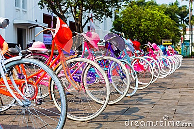 Colorful bicycles for rent in Jakarta Stock Photo