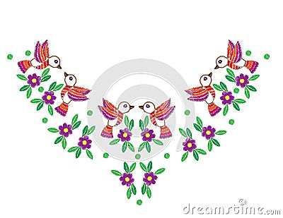 Colorful bird and flower with leaf and dot embroidery stitches i Vector Illustration