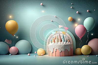 Colorful birthday background with balloons. Generative AI Illustrations Stock Photo