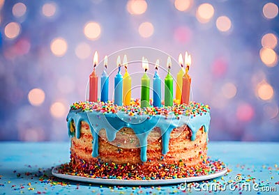 Colorful birthday cake with lit colored candles. Stock Photo