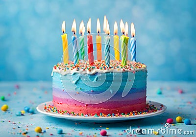 Colorful birthday cake with lit colored candles. Stock Photo