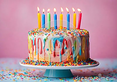 Colorful birthday cake with lit colored candles. Stock Photo