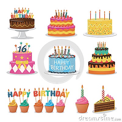 Set of Birthday Cakes. Birthday Party Elements Vector Illustration