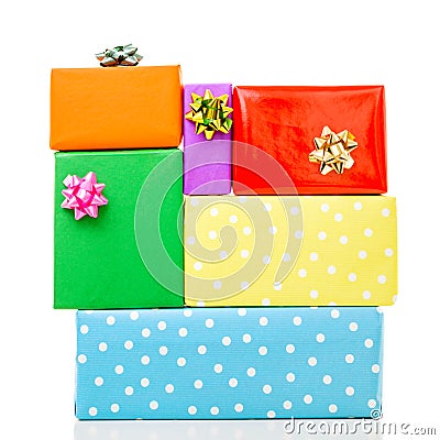 Colorful birthday gift boxes isolated on white background. Birthday, christmas and party concept Stock Photo