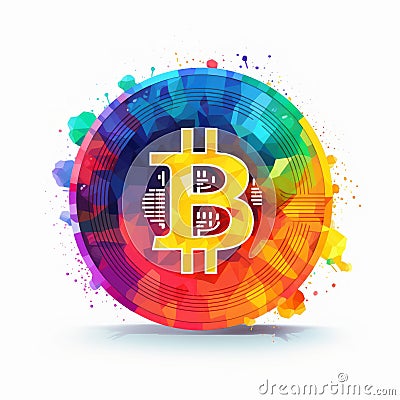 Colorful Bitcoin Art Abstract Symbol With Chinese Iconography And Memphis Design Stock Photo