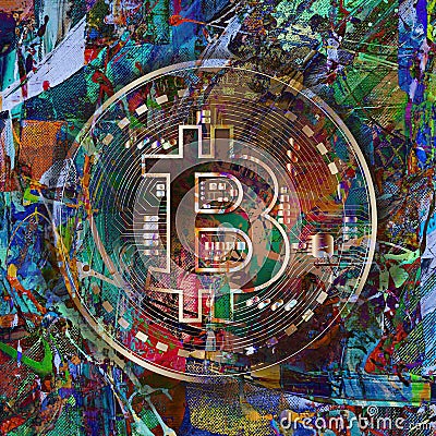 Colorful bitcoin with bright paint splatters on background, cryptocurrency concept Stock Photo