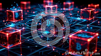 Vivid Representation of Blockchain Technology Featuring Illuminated Bitcoin Cubes in a Digital Network. Generative AI Stock Photo