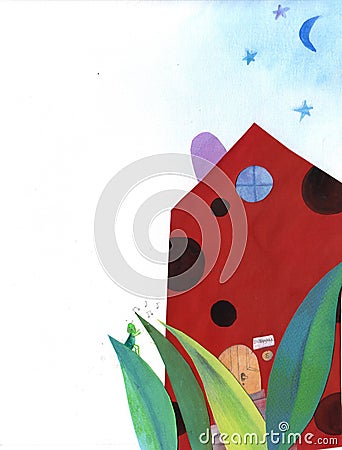 A colorful black and red house with cricket sitting on a grass petal Cartoon Illustration