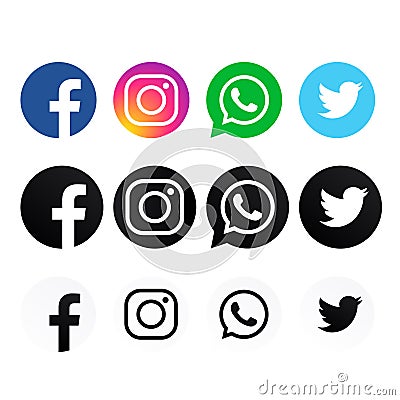 Colorful & black & white Facebook Instagram whats-app twitter logos. Vector Illustration