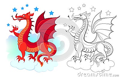 Colorful and black and white page for coloring book. Illustration of fantastic red dragon. Printable worksheet for children Vector Illustration