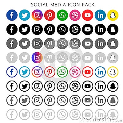 Colorful & black & white shading Social media icons set of facebook twitter instagram pinterest whatsapp Vector Illustration