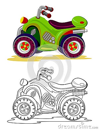 Colorful and black and white template for coloring. Cute toy quad bike model. Illustration for boys. Worksheet for kids. Coloring Vector Illustration