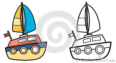 Colorful and black and white yacht for coloring book Vector Illustration