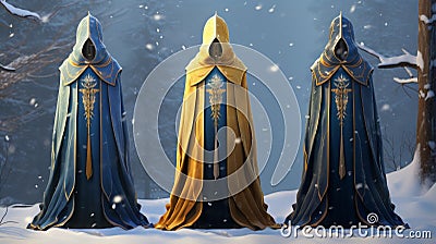 Colorful Blue And Gold Monks Robes In A Snowy Forest Cartoon Illustration