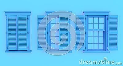 Colorful blue opened and closed window isolated on blue background Stock Photo