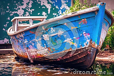 a colorful blue painted boat with weathered wood in a shore Cartoon Illustration