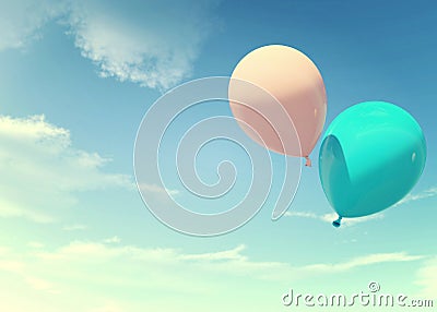 Colorful blue and pink balloons floating in summer holidays in pastel color filter, concept of summer, holidays, and joyful Stock Photo