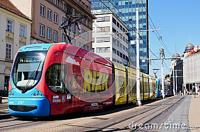 Colorful blue, red and yellow streetcar closeup in Zagrab, Croatia Editorial Stock Photo