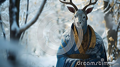 Colorful Blue Robed Deer In Snowy Forest Stock Photo