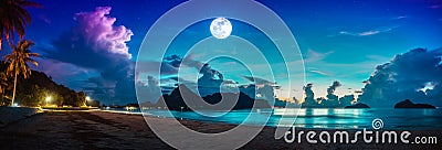 Colorful blue sky with cloud and bright full moon on seascape to night Stock Photo