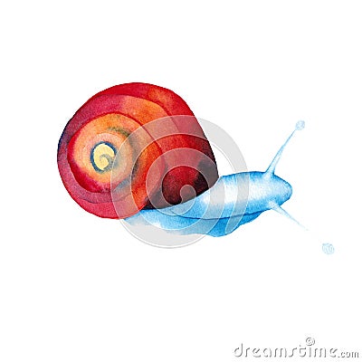 Colorful blue fairytale snail, clam, watercolor illustration for design, children illustration, isolated on white background Cartoon Illustration