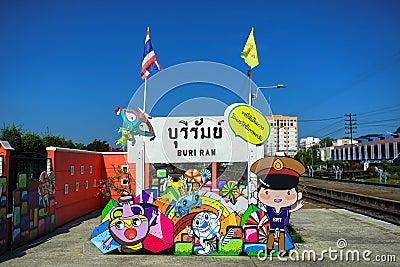 Colorful board for travel promoted in Buri Ram train station Editorial Stock Photo
