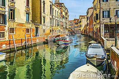 Colorful Boats Drivers Canal Venice Italy Editorial Stock Photo