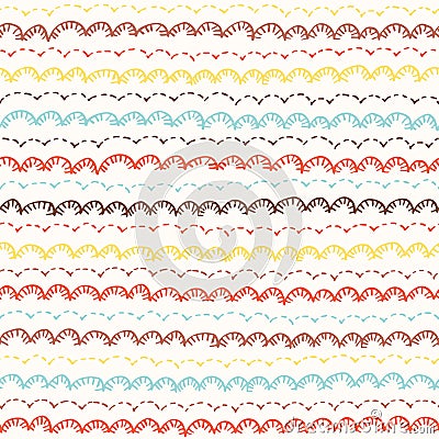 Colorful Boho Embroidery Needlework Vector Seamless Pattern. Hand Drawn Tribal Scalloped Edge Stitches Print Vector Illustration