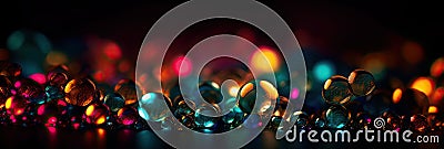 Colorful bokeh Christmas lights and water droplets. Shiny city car lights and pebbles abstract nighttime background. Stock Photo