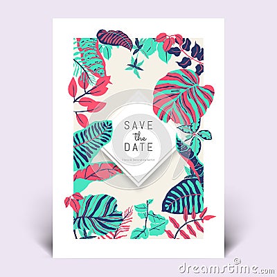 Colorful botanical invitation card template design, hand drawn tropical plants Vector Illustration