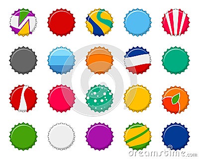 Colorful bottle caps set isolated on white background. Labels in the form of bottle aluminum caps, Soda or juice bottle Vector Illustration