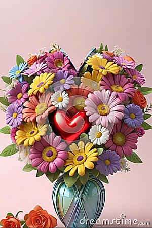 Bouquet of colorful flowers in a vase with a heart. Stock Photo