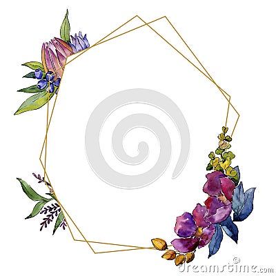 Colorful bouquet tropical flowers. Floral botanical flower. Frame border ornament square. Stock Photo