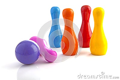 Colorful bowling pins and ball Stock Photo