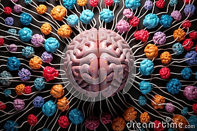 Colorful brain illustration against a diverse and colorful backdrop, representing mental variety Cartoon Illustration