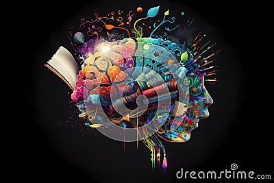 Colorful brain sketch in the center of education icons. AI generative Cartoon Illustration
