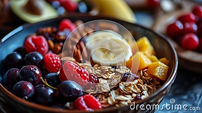 Healthy breakfast bowl with muesli, fruits , berries and Nuts Stock Photo